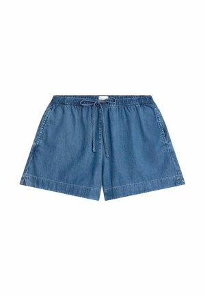 Blå denimshorts med elastisk talje og snøre, med sidelommer og afslappet pasform.