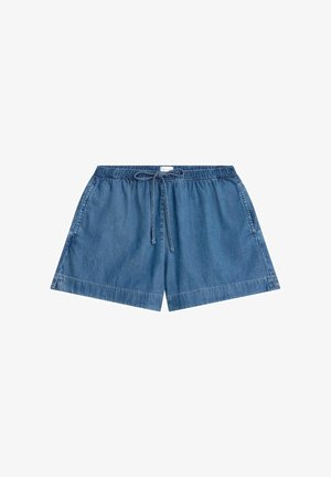Blue denim shorts with an elastic waistband and drawstring tie, featuring side pockets and a relaxed fit.