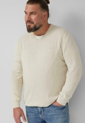 Beige v-hals trui met lange mouwen, gemaakt van een zachte, gestructureerde stof. Subtiel logo op de linkerborst. Gedragen over een wit shirt.