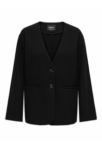 Blazer noir avec un col en V, manches longues, deux poches avant et deux boutons noirs. Fabriqué dans un tissu lisse avec une coupe structurée.
