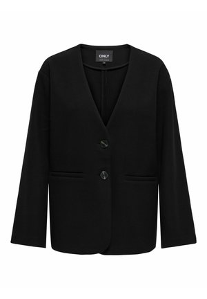 Svart blazer med V-hals, lange ermer, to frontlommer og to svarte knapper. Laget av et glatt stoff med en strukturert passform.