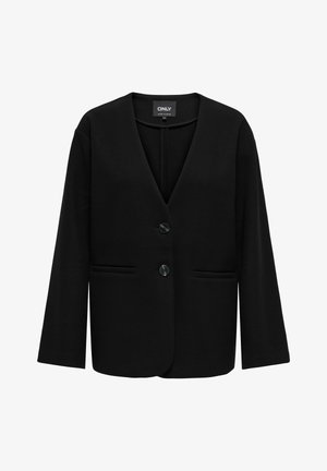 Črn blazer z V-izrezom, dolgimi rokavi, dvema sprednjima žepoma in dvema črnima gumboma. Izdelan iz gladkega blaga s strukturiranim krojem.