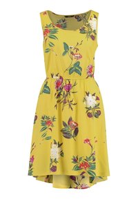 Ärmelloses Blumen kleid in leuchtendem Gelb mit gerafftem Taillenbereich. Es zeichnet sich durch lebendige Blumen in Rot, Pink und Weiß aus und hat einen leicht verlängerten Saum hinten.