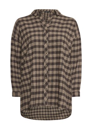 Camicia a quadri in marrone scuro e crema, tessuto intrecciato, chiusura con bottoni nella parte anteriore, colletto, maniche a tre quarti, orlo curvo e motivo a quadri.