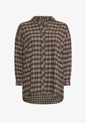 Ruitjesoverhemd in donkerbruin en crème, geweven stof, knoopsluiting aan de voorkant, kraag, driekwartmouwen, gekromde zoom en ruitpatroon.