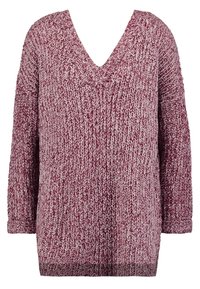 Gestrickter Pullover in Burgunderrot mit tiefem V-Ausschnitt, langen Ärmeln und legerer Passform. Strukturmuster mit eingeflochtenen Fäden für mehr Tiefe.