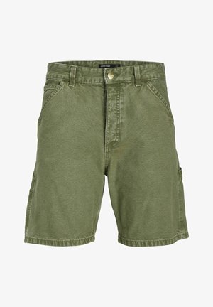 Olivgrüne Shorts aus Baumwollstoff. Mit Knopfverschluss, seitlichen Taschen und einer Cargo-Tasche am linken Bein. Glatte Textur.
