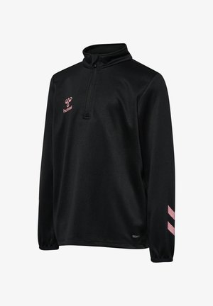 Czarna bluza polarowa z półzamkiem i wysokim kołnierzem. Posiada różowe logo i paseczki dekoracyjne na rękawach. Gładka tekstura, sportowy krój.