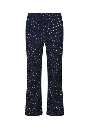 Pantalon court bleu marine avec motif floral blanc petit et ceinture élastique, coupe droite, présenté sur fond blanc.