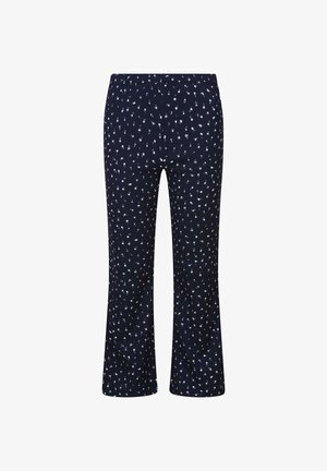 Pantalon court bleu marine avec motif floral blanc petit et ceinture élastique, coupe droite, présenté sur fond blanc.