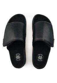 Black slip-on sandals with a wide, smooth leather upper, soft inner lining, and a rubber sole. Marked with size 37 on the insole.