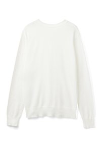 Vit tröja med långa ärmar, ribbade mudd och nederkant. Mjuk textur, rund halsdesign och en något avslappnad passform, som visar bakifrån.
