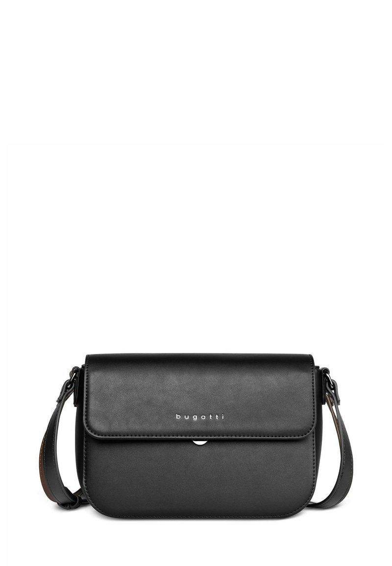 Borsa a tracolla nera in pelle sintetica liscia con chiusura a patta, accentuata dal logo e con tracolla regolabile. Design rettangolare compatto.
