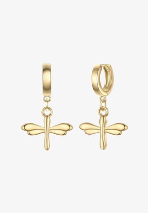 Goldfarbene Tropfhänger mit Libellen-Anhängern und detaillierten Flügeln, gesichert mit runden Hoopschließen. Glatte Oberfläche und polierte Verarbeitung.