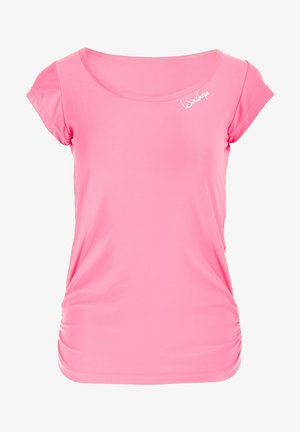 Roosa lühikeste varrukatega särk, mis on valmistatud siledast kangast, omab ümarat kaelust, gathered külgi ning väikest valget logo rinnal.