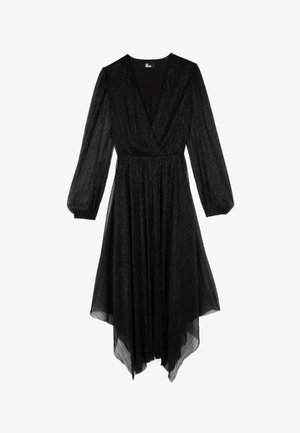 Robe noire à manches longues, décolleté en V profond, design plissé et jupe fluide qui se rétrécit en pointe à l'ourlet. Tissu texturé.