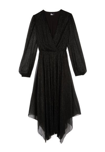 Abito nero con maniche lunghe, scollatura a V profonda, design plissettato e una gonna fluida che si restringe a un punto all'orlo. Tessuto strutturato.
