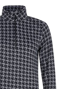 Pullover-Oberteil mit hohem Kragen, halber Reißverschluss und Hahnentrittmuster in Schwarz, Grau und Weiß. Elastisches Material, lange Ärmel.
