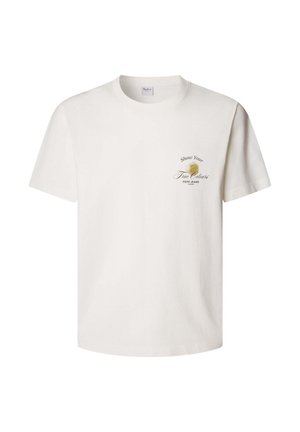 White cotton t-shirt with short sleeves and crew neck. Features a graphic print in dark green and gold text, stating "Show Your True Colours."