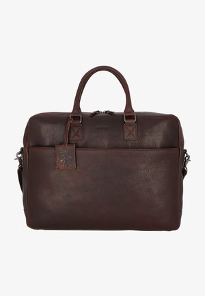 Braune Ledertasche mit genarbter Oberfläche, zwei oberen Griffen, Reißverschluss und einem abnehmbaren Anhänger mit Logodetail.