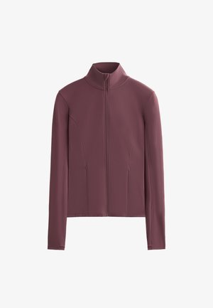 Burgundy zip-up jacket with high collar, long sleeves, textured fabric, and two side pockets. Tailored fit with seam detailing.