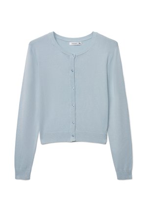 Jasnoniebieski kardigan wykonany z dzianiny, z okrągłym dekoltem, zapinany na guziki z przodu, z długimi rękawami. Prosty design z prążkowaniem.