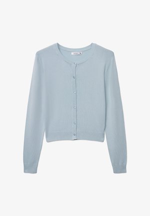 Jasnoniebieski kardigan wykonany z dzianiny, z okrągłym dekoltem, zapinany na guziki z przodu, z długimi rękawami. Prosty design z prążkowaniem.