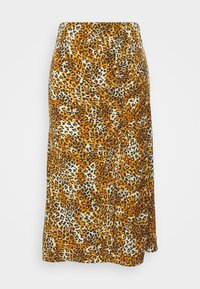Leopardenmuster-Midirock in warmen Tönen von Orange, Schwarz und Beige. Weicher, leichter Stoff mit fließendem Design und seitlichem Schlitz.