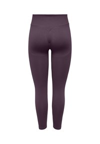 Dark purple leggings with a high waistband. Smooth, stretchy fabric with a fitted design, featuring a seamless back and no visible pockets.