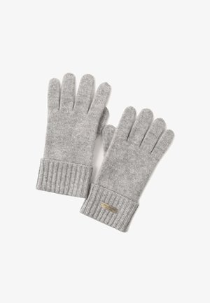 Graue gestrickte Handschuhe mit gerippten Bündchen, die ein kleines metallisches Markenetikett tragen. Weicher Textur und verlängertes Fingerdesign für eine optimale Passform.