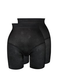 Hochtaillierte schwarze Formenshorts mit floralem Muster, aus weichem, dehnbarem Stoff gefertigt. Verfügt über einen glatten Taillenbund und ein Oberschenkel-langes Design.