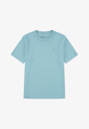 T-shirt en coton bleu clair à manches courtes, col rond, avec un petit motif brodé de renne sur la poitrine dans une couleur assortie.