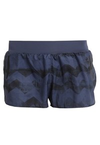 Pantalones cortos deportivos de color azul marino con un patrón de chevron texturizado en negro, cinturilla elástica y material liviano. Adecuados para ropa activa.