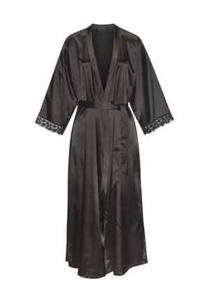 Black satin robe with long sleeves, lace trim on cuffs, belted waist, and a flowing silhouette. Smooth texture with a shiny finish.