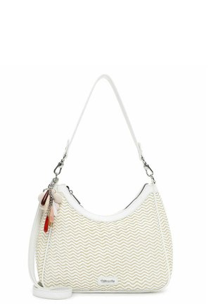 Sac à épaule blanc avec motif zigzag beige, bandoulière amovible, fermeture éclair et breloques décoratives en perles multicolores sur un côté.