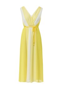 Gelbes und weißes, ärmelloses Maxikleid mit V-Ausschnitt, tailliert und mit Zugbanddetail, aus leichtem Stoff gefertigt.