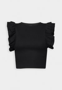 Svart crop top med korta, volangärmar. Tillverkad av elastiskt material med rund halsringning och en åtsittande design. Inga synliga mönster eller hårdvara.