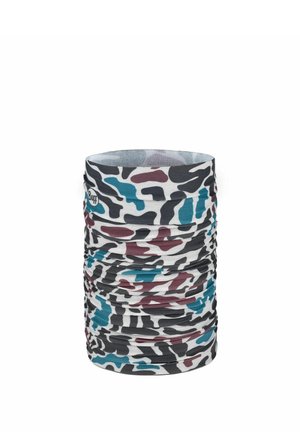 Multicolor camouflage-patterned tubular neck gaiter with black, maroon, and teal shapes on a white background, featuring a small Buff logo.