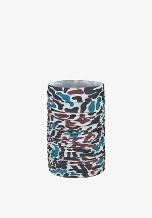 Multicolor camouflage-patterned tubular neck gaiter with black, maroon, and teal shapes on a white background, featuring a small Buff logo.