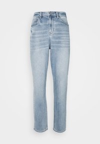 Vaaleansiniset farkut, joissa on korkea vyötärö, suora lahje ja hienovaraiset kulumat yksityiskohdat reisillä. Klassinen viiden taskun muotoilu.