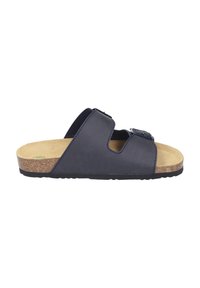 Navy blue sandal with two adjustable straps, cork footbed, and black rubber sole. Smooth upper material with stitching detail.