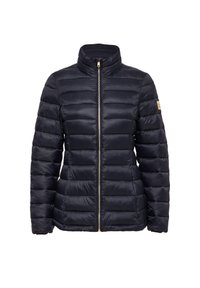 Svart, vadderad pufferjacka med ståkrage och framzipper, med horisontell söm och en liten patch på vänster ärm.