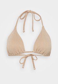 Brun og hvit stripete bikinitopp med trekantet form, halterneck-bånd og justerbar midtknot. Laget av glatt stoff.