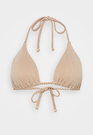 Ruskea ja valkoinen raidallinen bikinitoppi, jossa on kolmiomainen muoto, nauhat kaulan takana ja säädettävä keskipunonta. Valmistettu sileästä kankaasta.