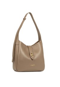 Sac hobo en cuir taupe avec une bandoulière réglable, fermeture à tourniquet dorée et logo Lancaster Paris à l'avant.