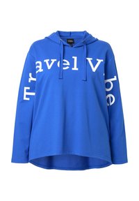 Felpa con cappuccio blu con la scritta "Travel Vibe" in bianco, realizzata in tessuto morbido, con tasca frontale e cappuccio con coulisse regolabile.