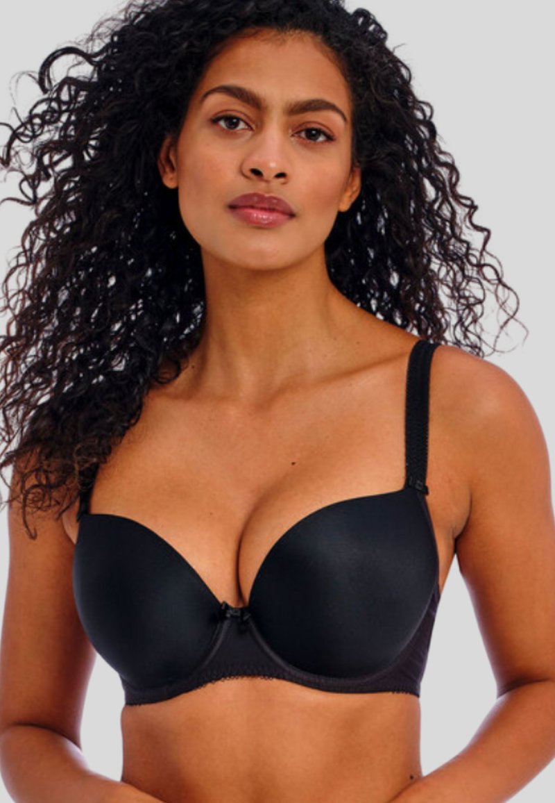 Black push-up bra with smooth, molded cups, adjustable straps, and a decorative bow at the center. Textured back band for support.