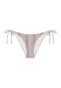 Bikini inferior en blanco con rayas verticales y lunares en púrpura y rosa. Presenta lazos de cierre a cada lado. Material suave y elástico.