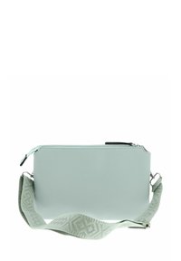 Sac en cuir vert clair en bandoulière avec une finition texturée, doté d'une fermeture zippée et d'une sangle à motifs avec des designs géométriques.