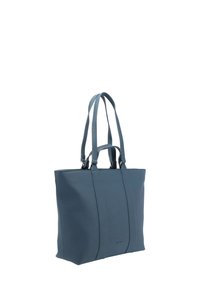Borsa tote in pelle blu con texture, dotata di manici lunghi e corti, forma rettangolare e dettaglio del marchio delicato sul davanti.